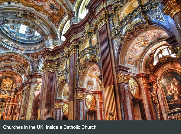 Interior of a richly decorated Catholic church in the UK