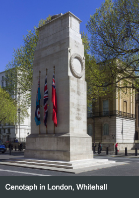 The Cenotaph war memorial standing in Whitehall, London