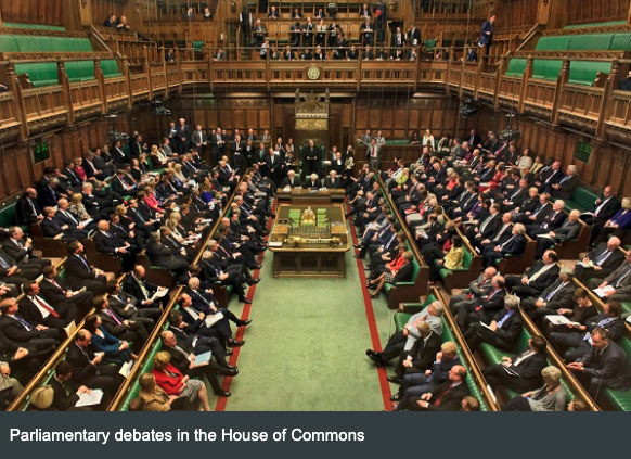 Interior view of the House of Commons during a parliamentary debate