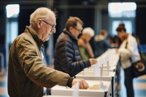 Voter placing a ballot paper into a ballot box at a polling station